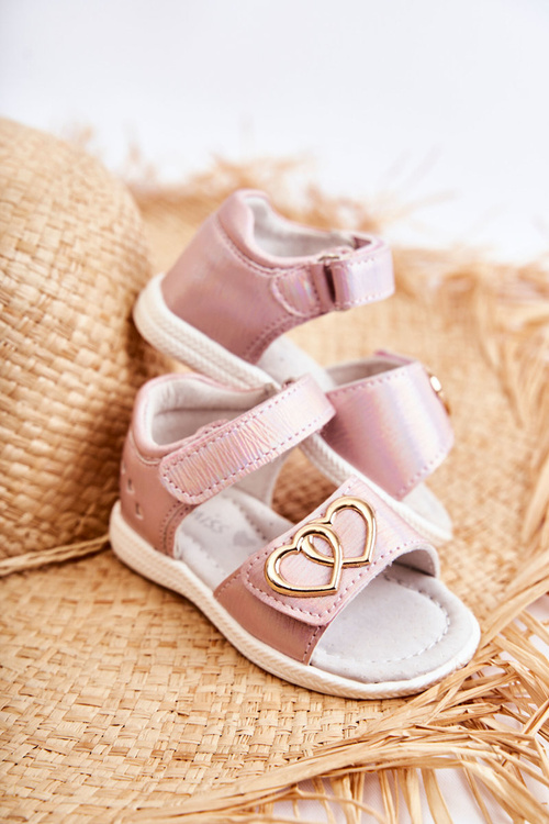 Leather Children's Sandals With Velcro Pink Catia