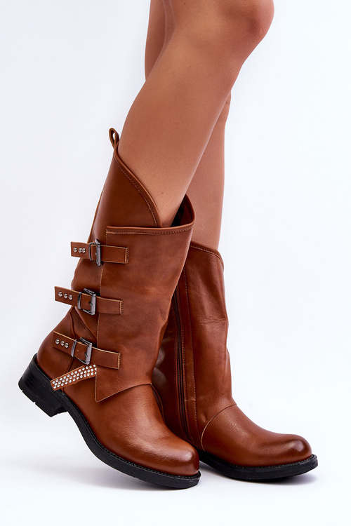 Women's Leather Ankle Boots With Flat Heel Brown Nyreo