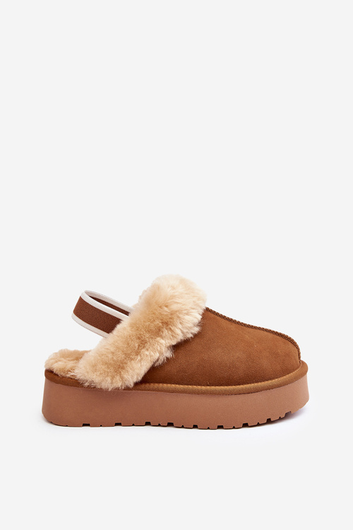 Skórzane Zamszowe Kapcie Damskie Platforma Futerko Camel Sophienne W5827