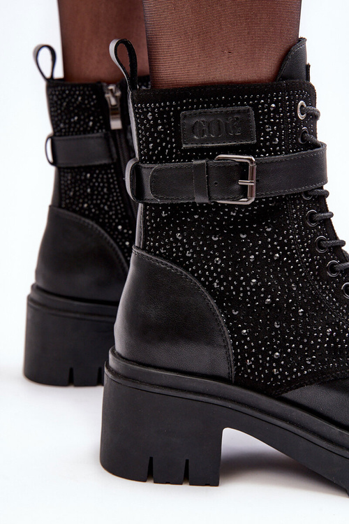 Leather Boots Workery Embellished with Rhinestones GOE MM2N4041 Black