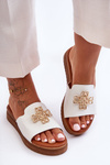 Leather Women's Platform Sandals with Decoration White Azera