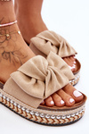 Women's Suede Slippers With Bow Beige Lauria