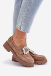 Eco Suede Women's Moccasins With Decorative Brooch Dark Beige Valiana
