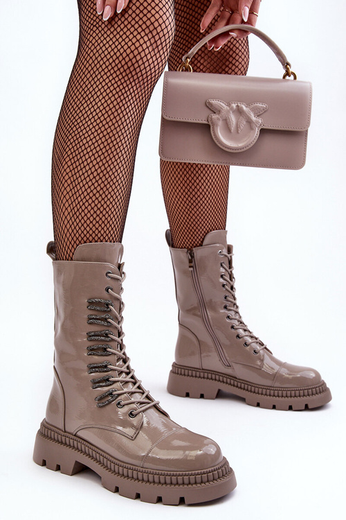 Women's Glossy Lace-Up Ankle Boots Dark Beige SBarski MR870-72