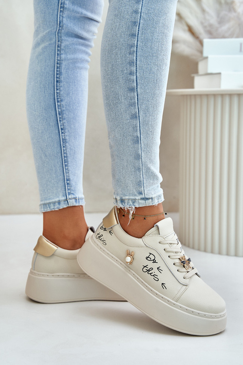 Women Leather Sneakers On Platform With Appliqués And Writing Vinceza 89102 Beige