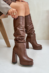 Slip-On Knee-High Boots With Heels And Platform With Gathering Insulated Brown Beridra
