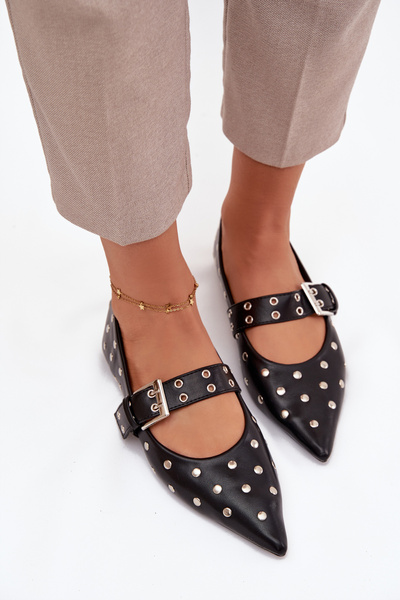 Eko Skórzane Baleriny Z Dżetami I Klamrą Czarne Arlenne