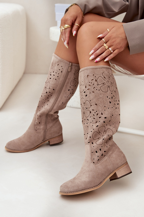 Ladies Cut-Out Ankle Boots With Low Heel Eco Suede Zipped Beige Orchides