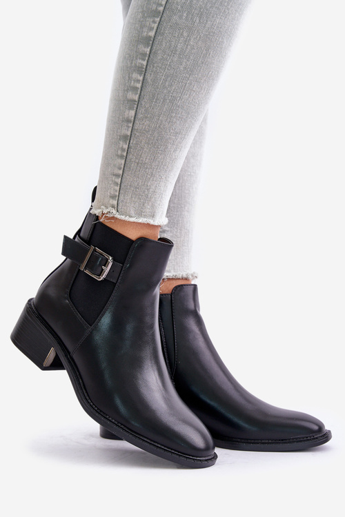 Sztyblety Botki Ocieplane Niski Obcas Złota Klamra Czarne Vomera