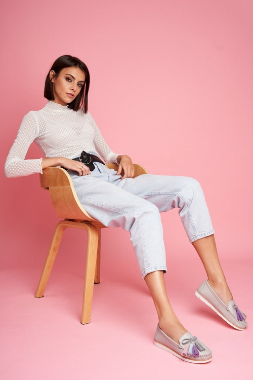 Mokasyny Damskie Skórzane Szare Bebbo