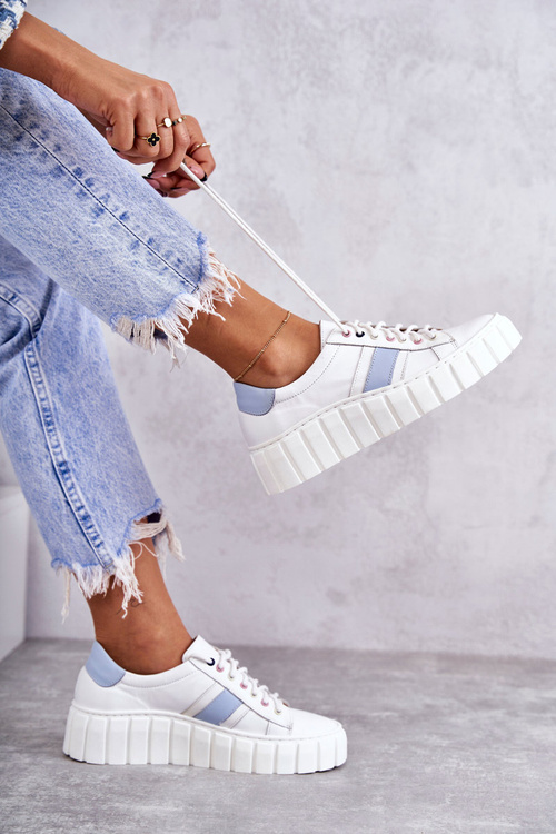 Women's Sport Leather Shoes Tied White and Blue Ariva