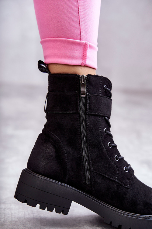 Women's Lace-up Suede Flat Heel Boots Black Firmina