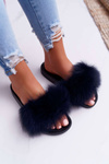 Women's Flip Flops with Natural Fur Navy Blue Naturis