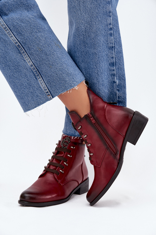 Low insulated ankle boots with zipper and decoration burgundy Nevalia