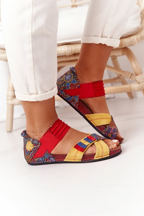Leather Sandals With Drawstring Maciejka 03375 Red-Yellow