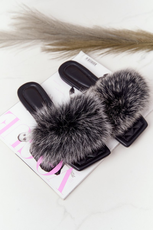 Klapki Skórzane Z Futerkiem Czarno-Białe Love You So