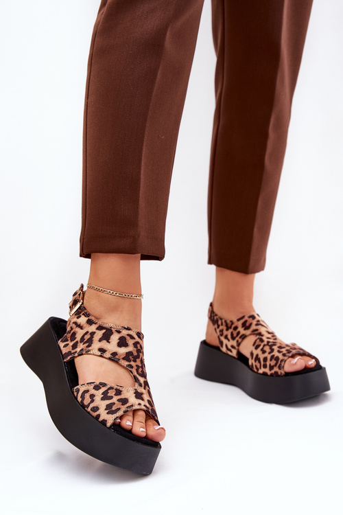 Women's Sandals With Leopard Print On Platform Eco Suede Brown Karonia