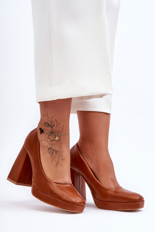 Czółenka Skóra Masywny Obcas Camel Rosalia N045