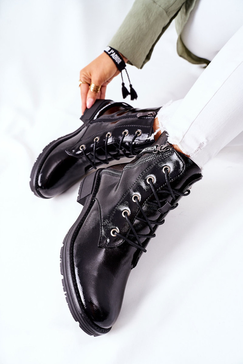 Women's Flat Boots Workers Lacquered Black Goorey