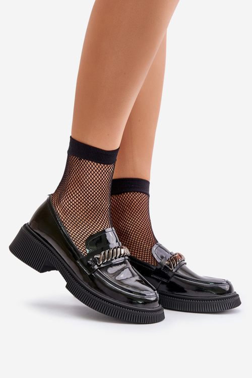 Mokasyny Loafersy Damskie Lakierowane Ozdoba Czarne D&A LZ42-030