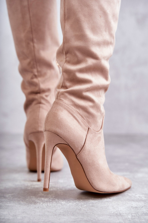 Kozaki Klasyczne Zamsz Szpilka Beżowe Ameya