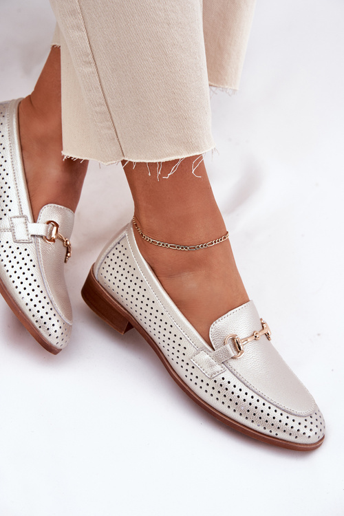 Leather Women's Moccasins With Decoration On Flat Heel S.Barski LR51-594 Silver