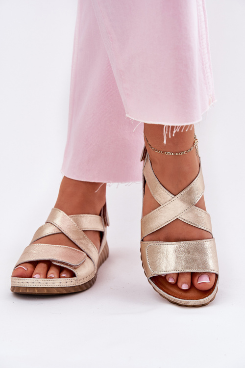 Leather Women's Sandals With Velcro Maciejka L6848-25 Gold