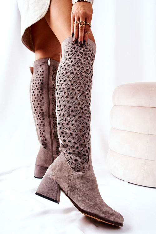 Openwork Suede High Boots Light brown Hekilea