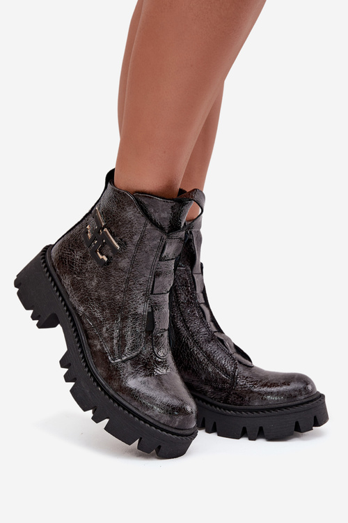 Botki Lakierowane Skóra Naturalna Ocieplane Ozdoba Grafitowe Artiker 57C2081