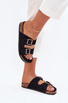 Women's Sandals With Golden Buckles And Stitching Black Lunera
