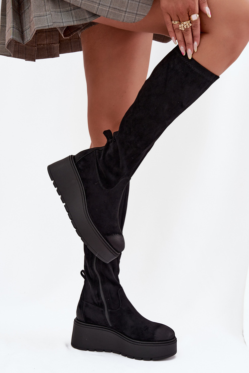 Womens Knee High Platform And Wedge Boots Black Vinceza 58342