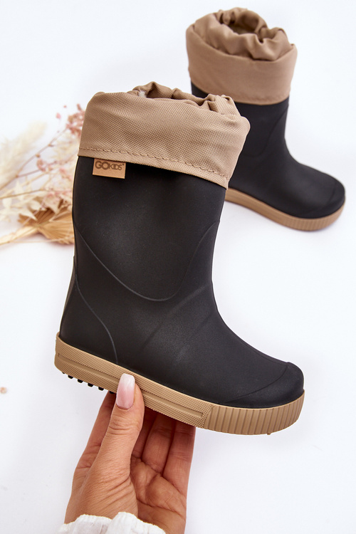 Kalosze Dziecięce Z Ocieplaczem Czarno-Beżowe Snow Wave Gokids 981