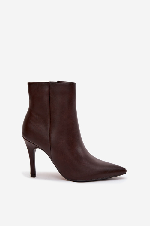 Damskie Botki Eko Skórzane Ocieplane Na Szpilce Czekoladowe Nolisse