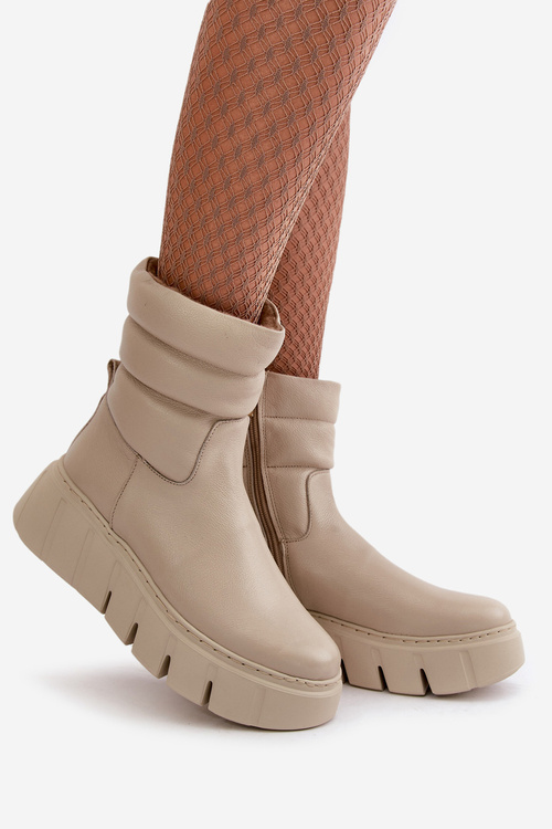 Zazoo 60512 Women Leather Ankle Boots With Zipper Insulated With Felt Light Beige