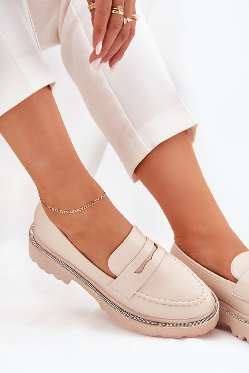 Eko Skórzane Mokasyny Damskie Z Cyrkoniami Beżowe Wilamla