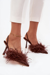 Heeled shoes with feathers and open heel chocolate Belice