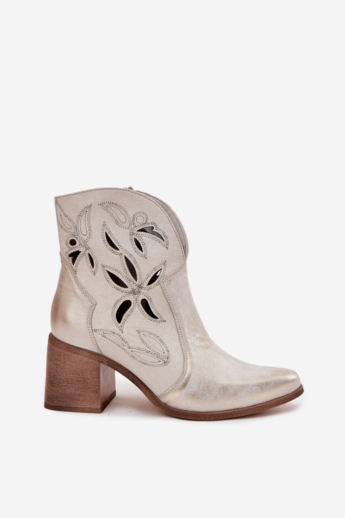 Women's Openwork Boots Made of Natural Leather on Heel Zazoo 3690 Gold Distressed