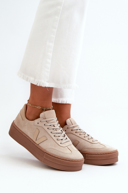 Sneakersy Na Platformie Zamszowe Beżowe Zazoo N1100S2
