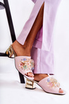 Leather Women's Slippers On High Heels With Decoration Pink Calinda