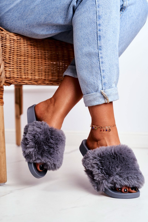 Women's Slides With Fur Grey Sensitive