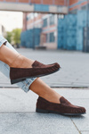 Damskie Loafersy Eko Zamsz Płaski Obcas Brązowe Rivianne
