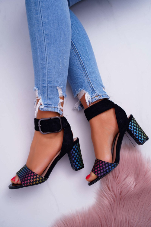 Sandały Damskie Na Słupku Zamszowe Czarne Geometric