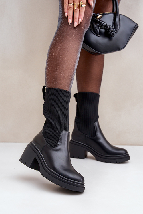 Boots With Sock On Chunky Heel Black Rosanas