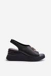 Black Women's Leather Wedge Sandals with Ornament Salvania