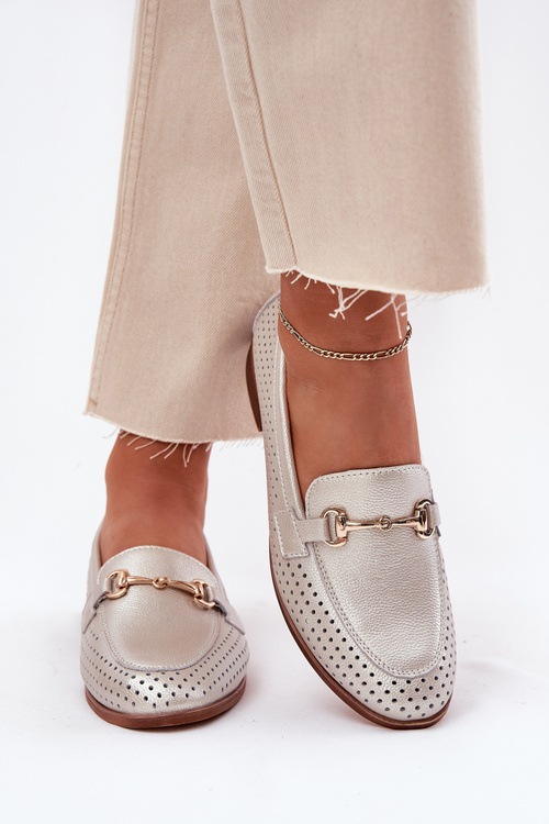 Leather Women's Moccasins With Decoration On Flat Heel S.Barski LR51-594 Silver