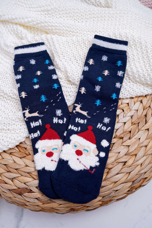 Women's Christmas Socks Anti-Slip Navy Blue with Santa Claus