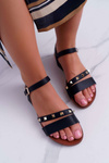 Women's Flat Sandals with Gold Studs Black Raven