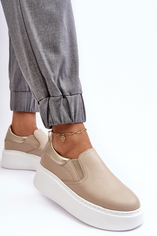 Buty Sportowe Damskie Skóra Platforma Beżowe Lemar Manish 10151