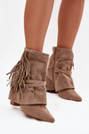 Women's ankle boots with heel with fringes and gold buckles beige Evelisse