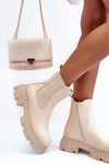 Leather Ankle Boots With Flat Heel and Platform Light Beige Solita